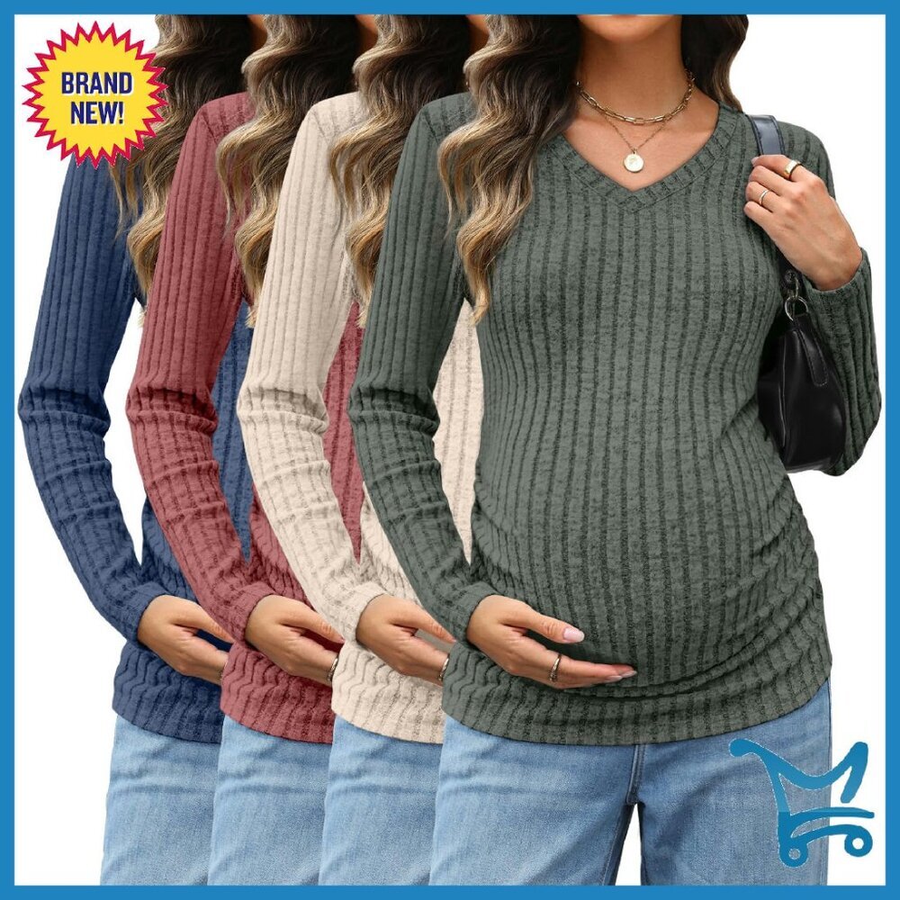 4 Pack Maternity Long Sleeve V-Neck Ribbed Tops - Polyester Spandex Blend